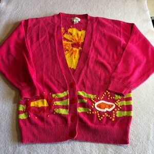 Pappagallo Fuchsia Pink Knit Cardigan with Yellow & Lime Accent